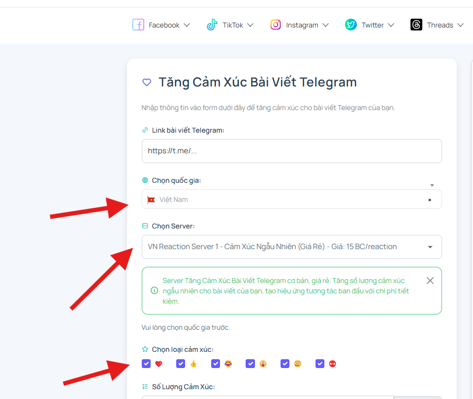 Bước 3: Chọn server và loại cảm xúc