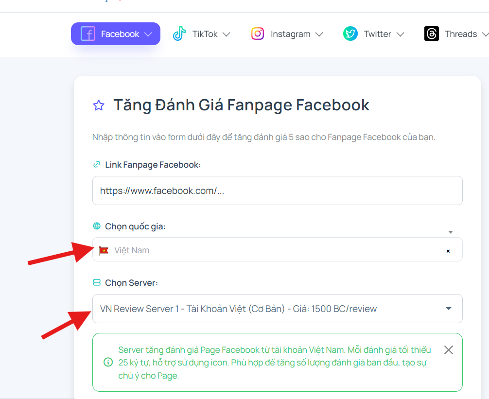 Bước 3: Chọn server và gói đánh giá