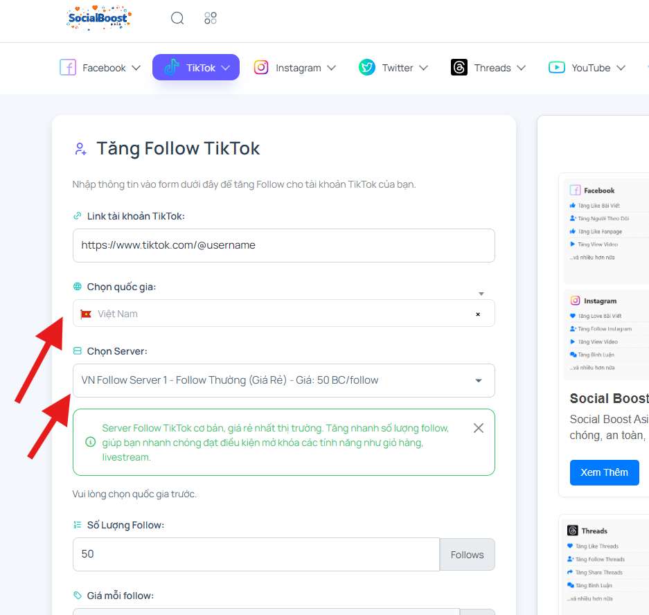 Bước 3: Chọn server và gói follow