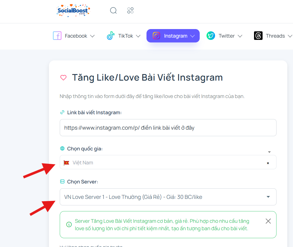 Bước 3: Chọn server và số lượng