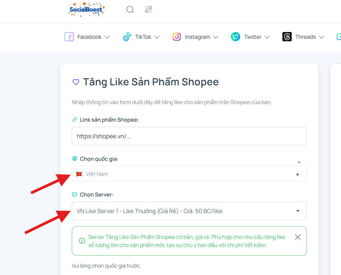 Bước 3: Chọn server và gói like