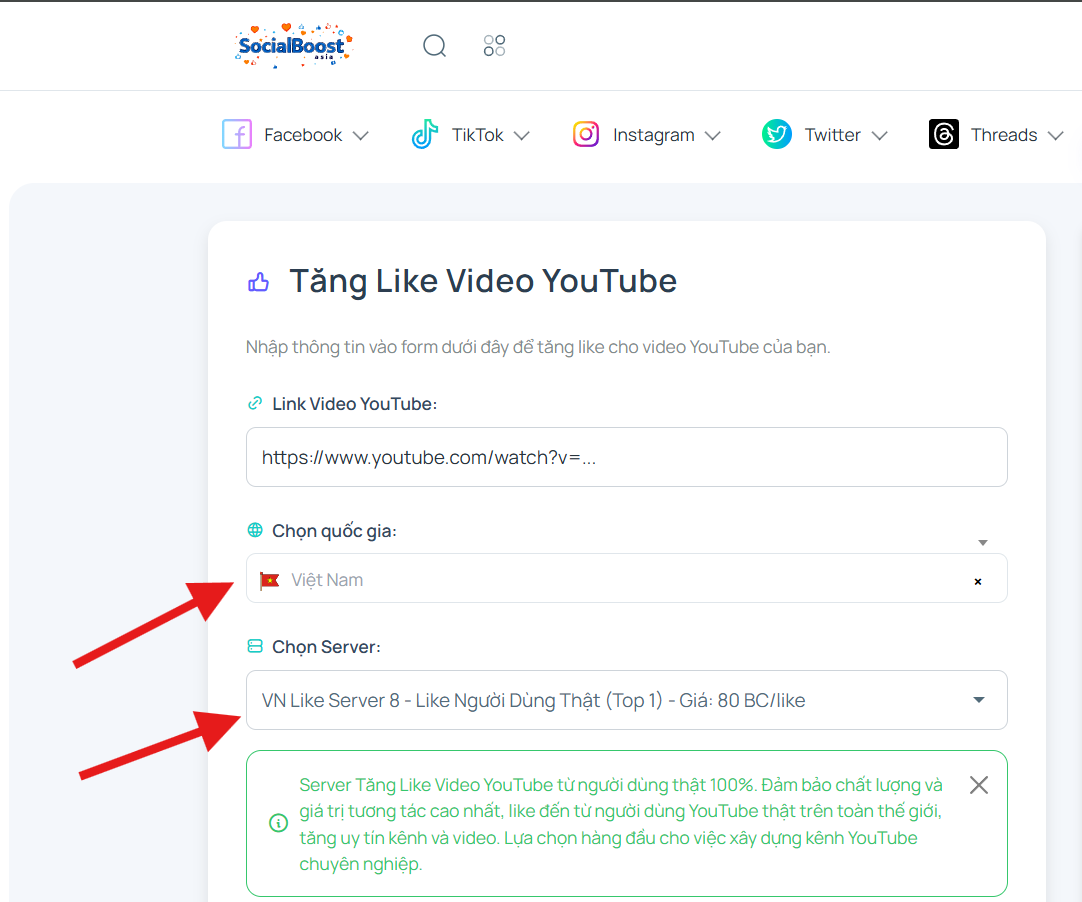 Bước 3: Chọn server và gói like YouTube