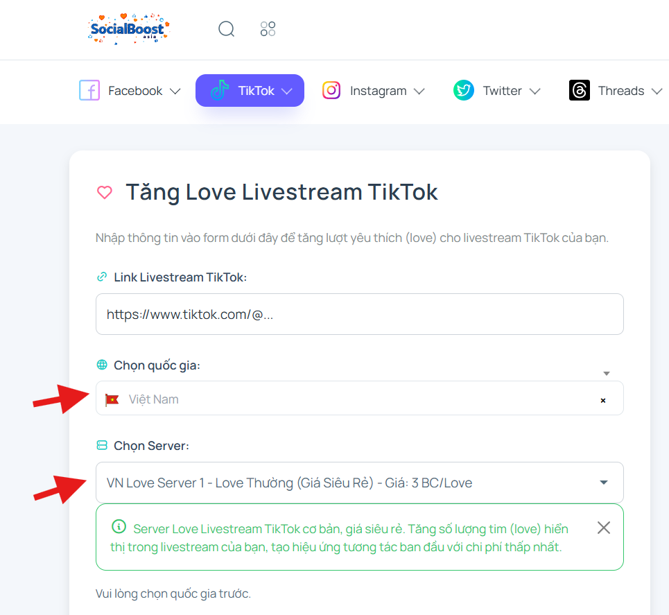 Bước 3: Chọn server và gói Love