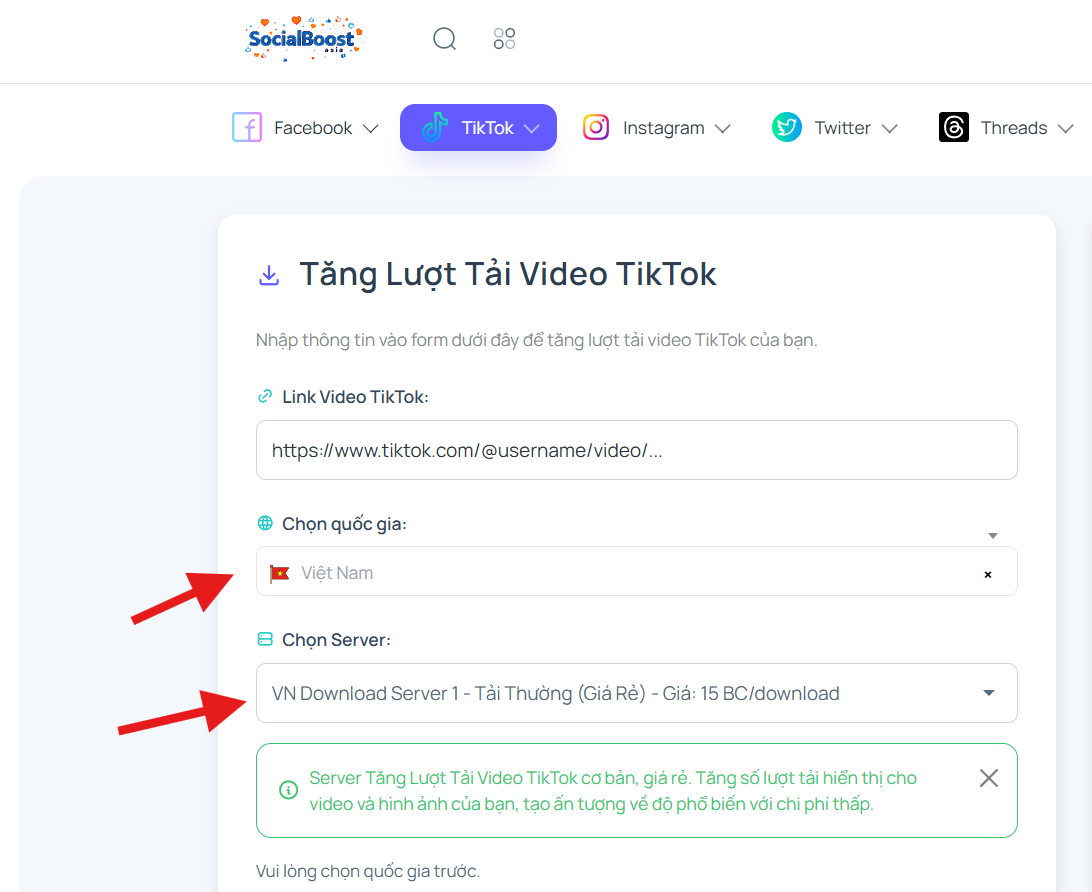 Bước 3: Chọn server và gói lượt tải