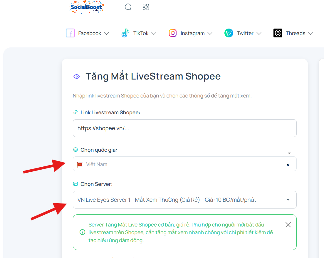 Bước 3 Chọn server và gói mắt xem
