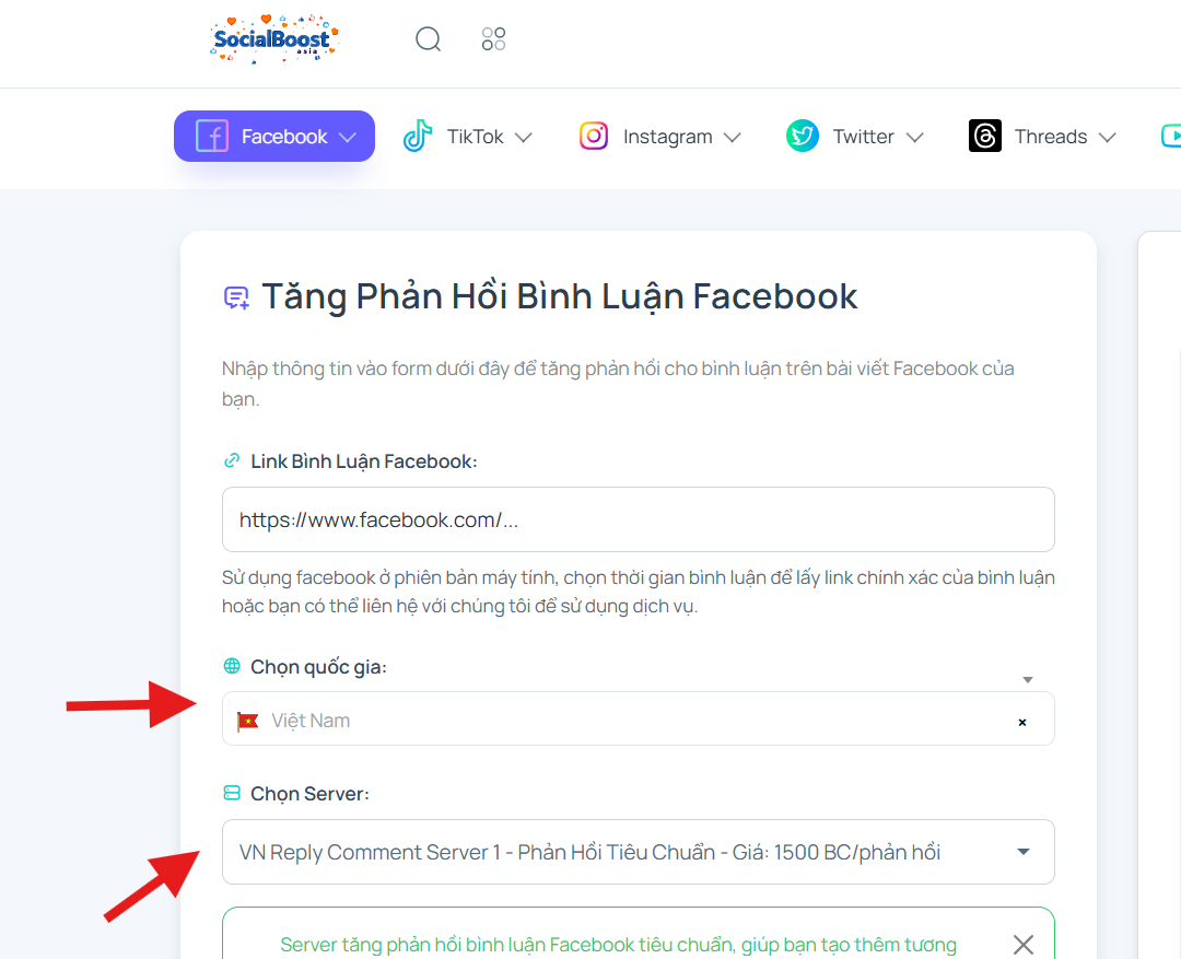 Bước 3: Chọn server và gói phản hồi
