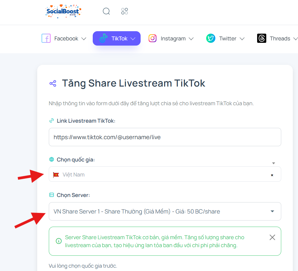 Bước 3: Chọn server và gói