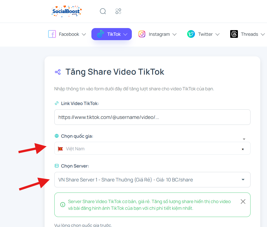 Bước 3: Chọn server và gói share