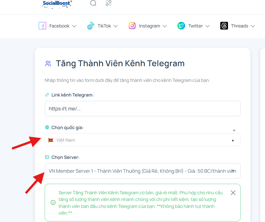 Bước 3: Chọn server và gói