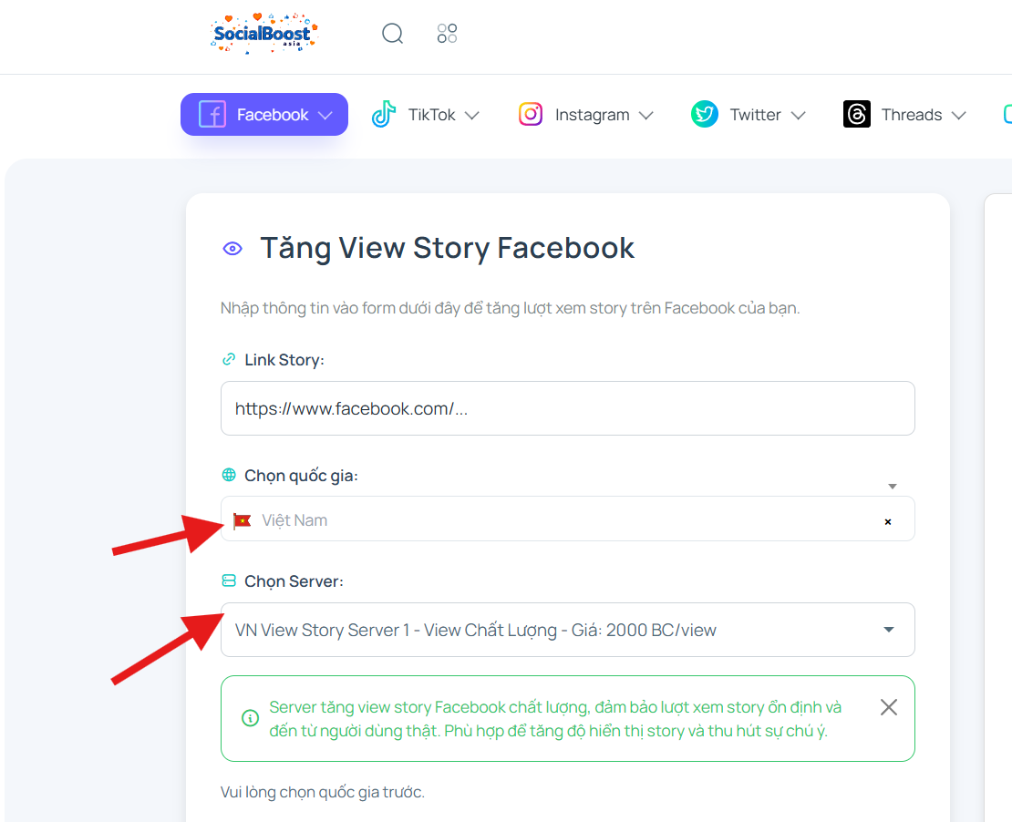 Bước 3: Chọn server và gói view