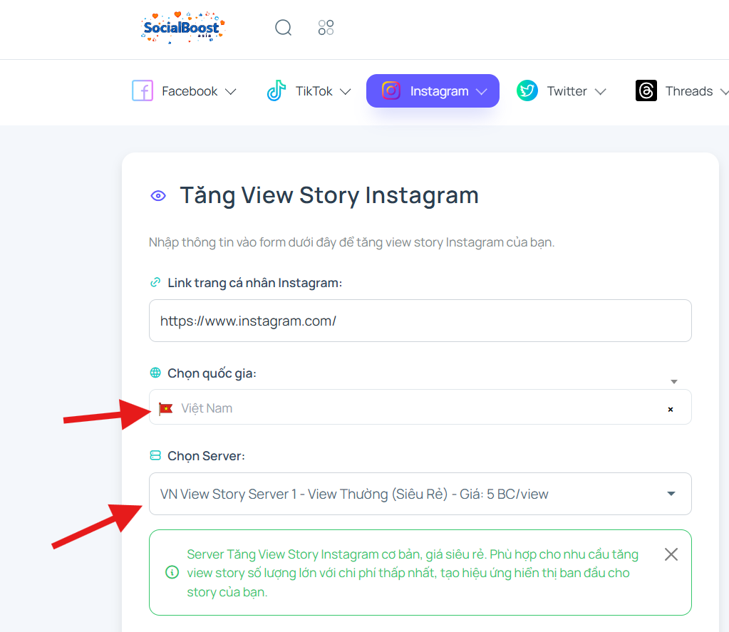 Bước 3 Chọn server và gói view story