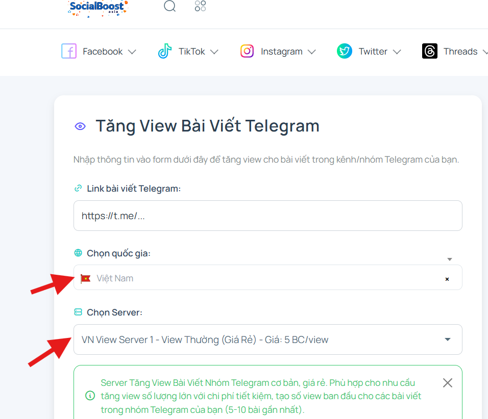 Bước 3: Chọn server và gói view
