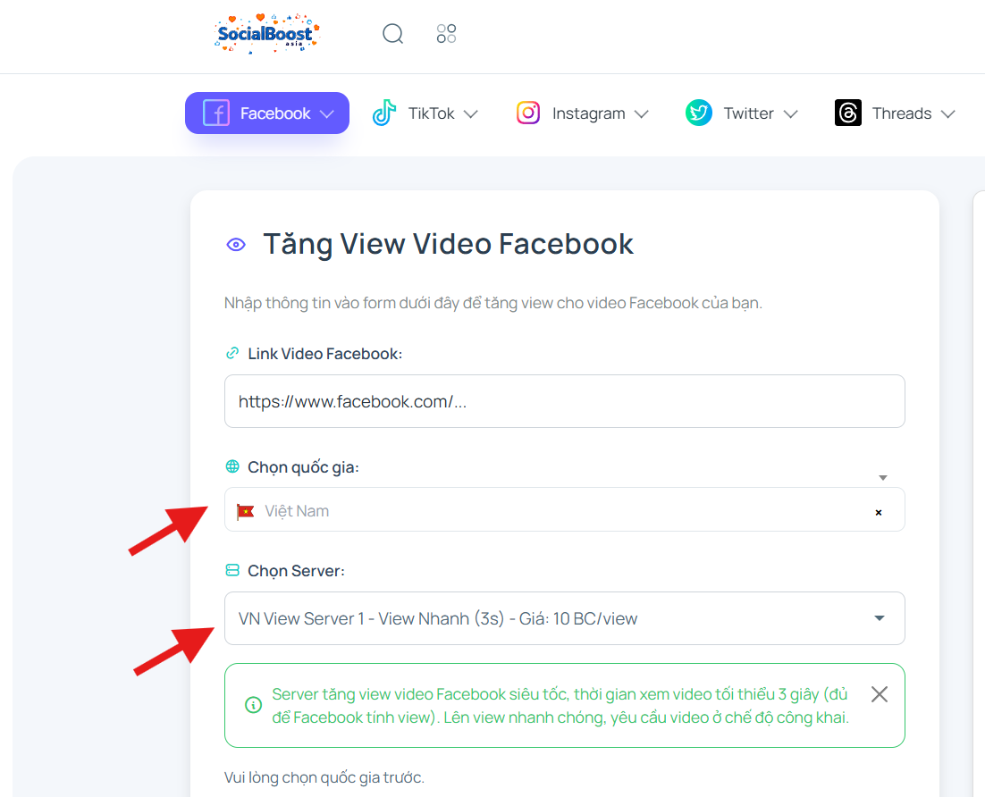 Bước 3: Chọn server và gói view