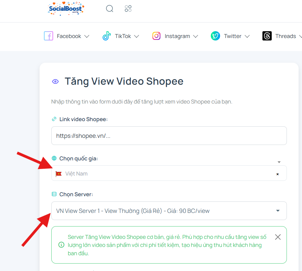 Bước 3: Chọn server và gói view