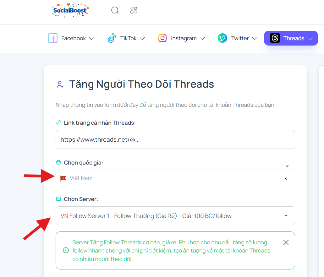Chọn server và gói follow phù hợp với nhu cầu và ngân sách của bạn.
