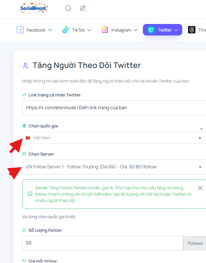 Chọn server và gói follower phù hợp với nhu cầu và ngân sách.