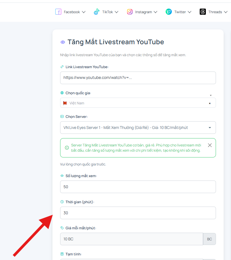 Bước 4: Chọn thời gian tăng mắt xem livestream
