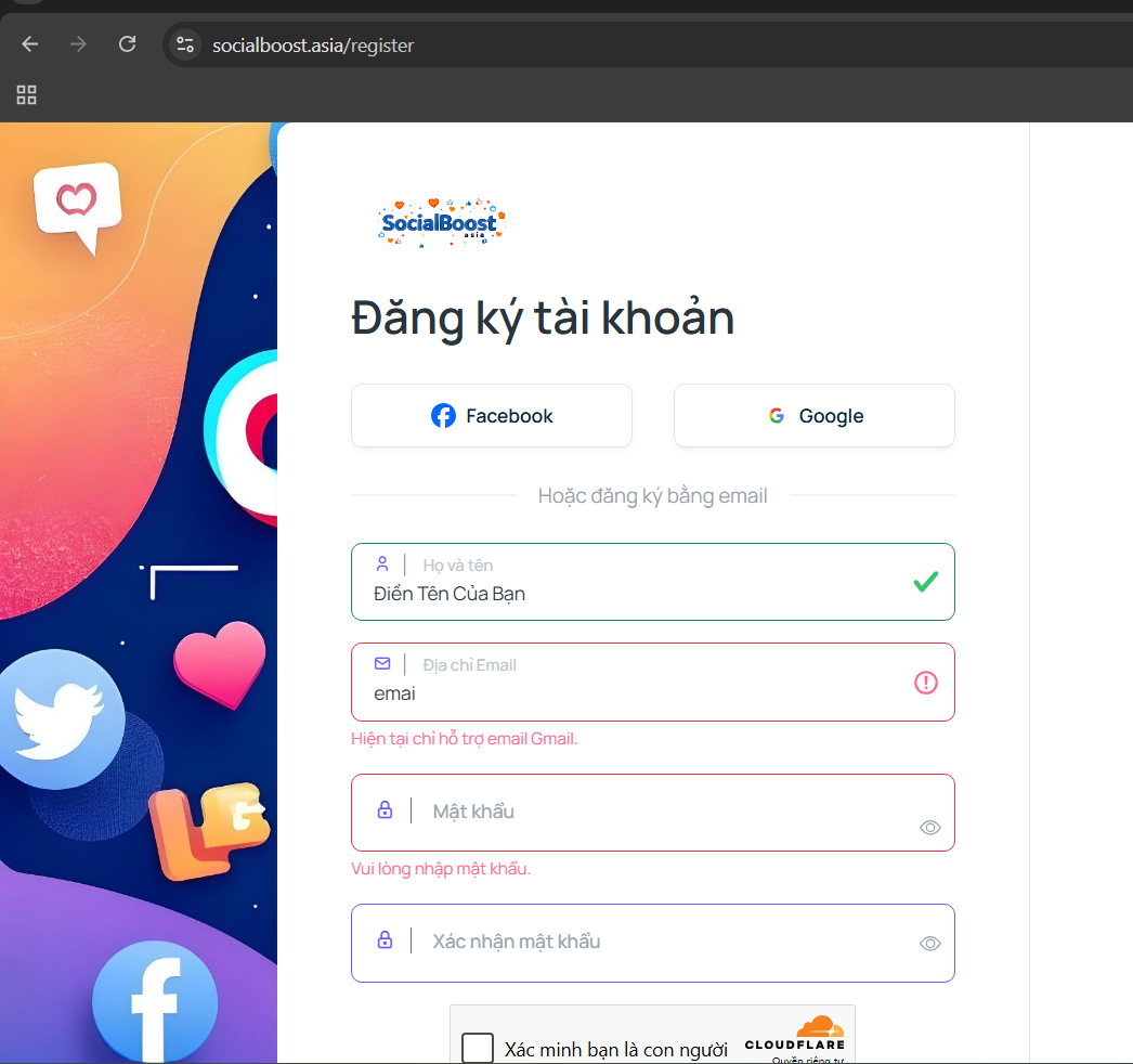 Bước 1: Đăng ký tài khoản Social Boost Asia