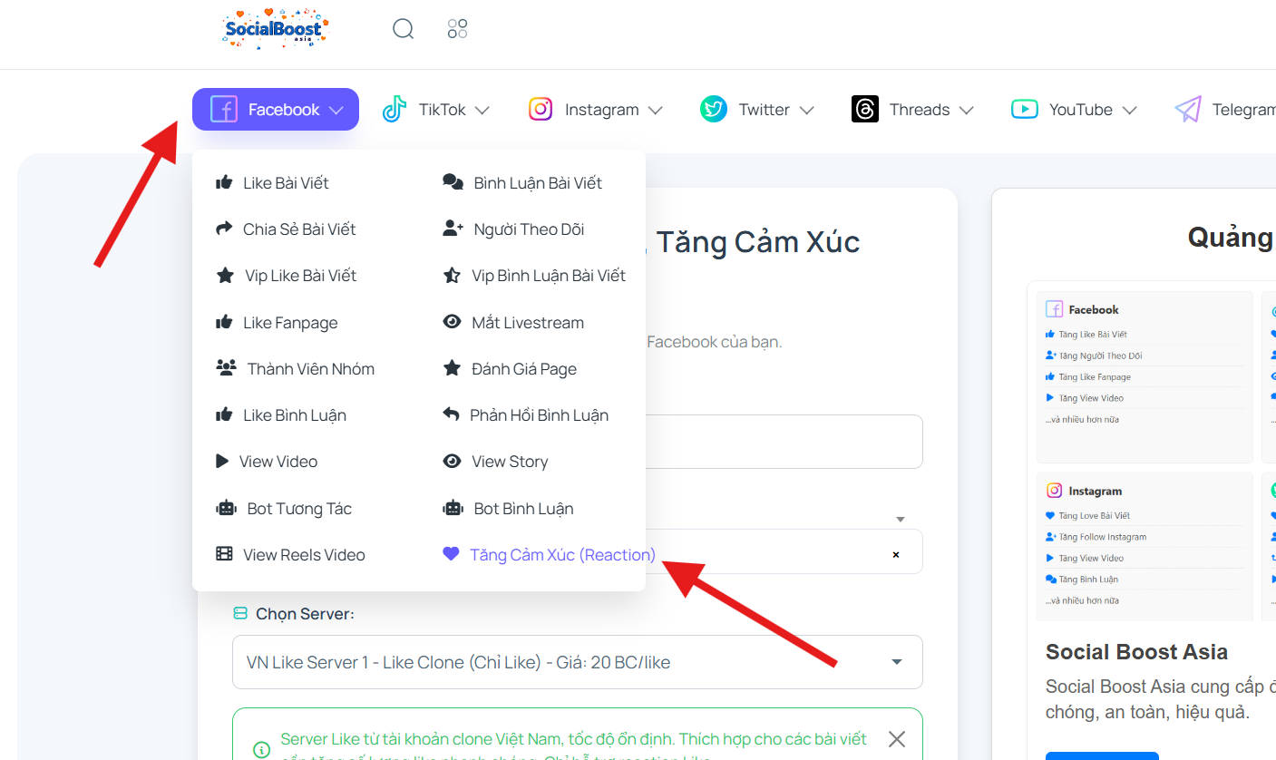 Bước 1: Truy cập dịch vụ tăng cảm xúc Facebook