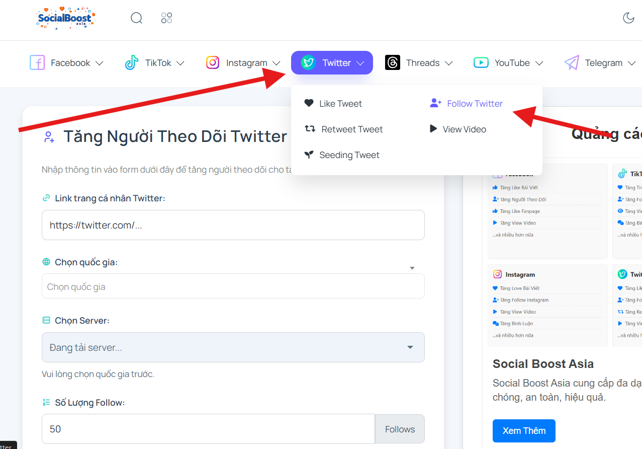 Dịch vụ tăng follow Twitter của Social Boost Asia