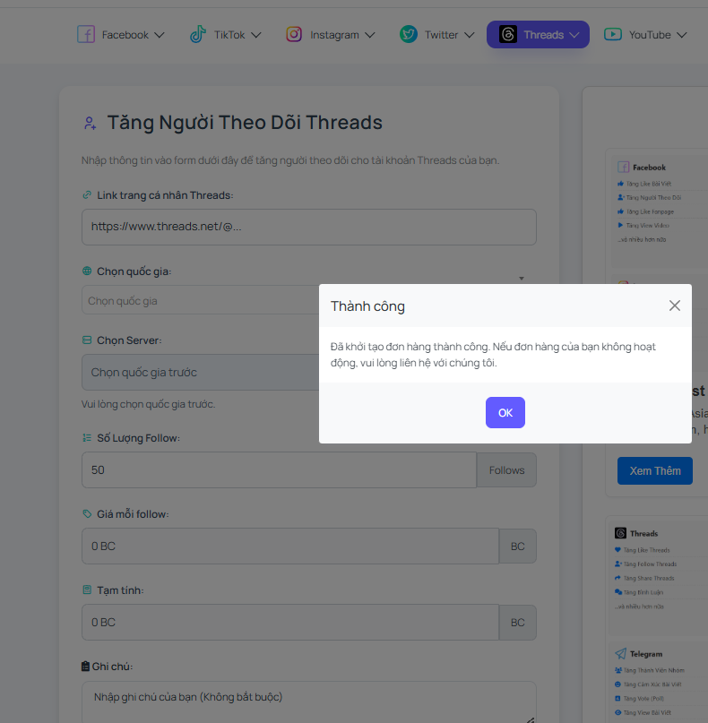 Hoàn tất thanh toán Hệ thống sẽ tự động tăng follow trên Threads cho bạn..