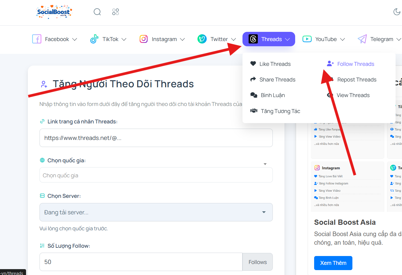 Hướng dẫn sử dụng dịch vụ tăng follow threads