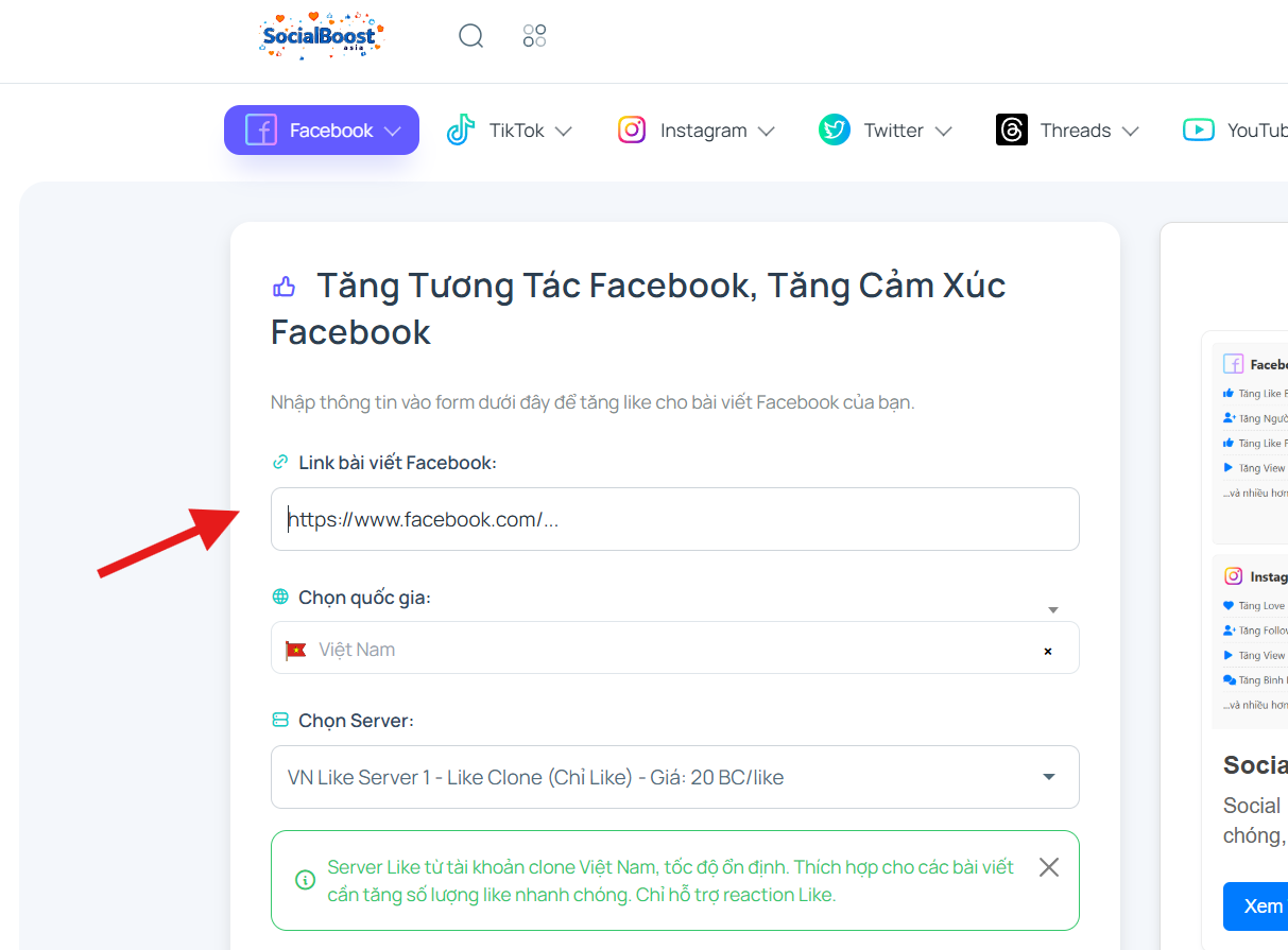 Bước 2: Nhập link bài viết Facebook