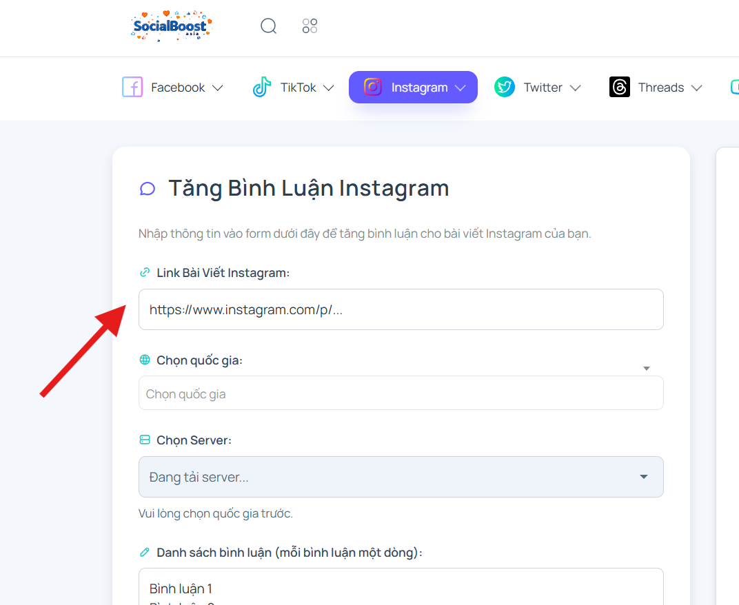 Bước 2: Nhập link bài viết Instagram