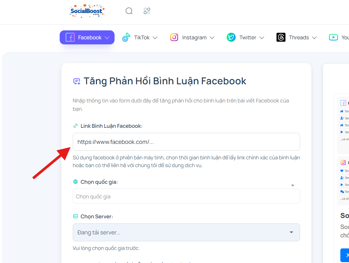 Bước 2: Nhập link bình luận Facebook
