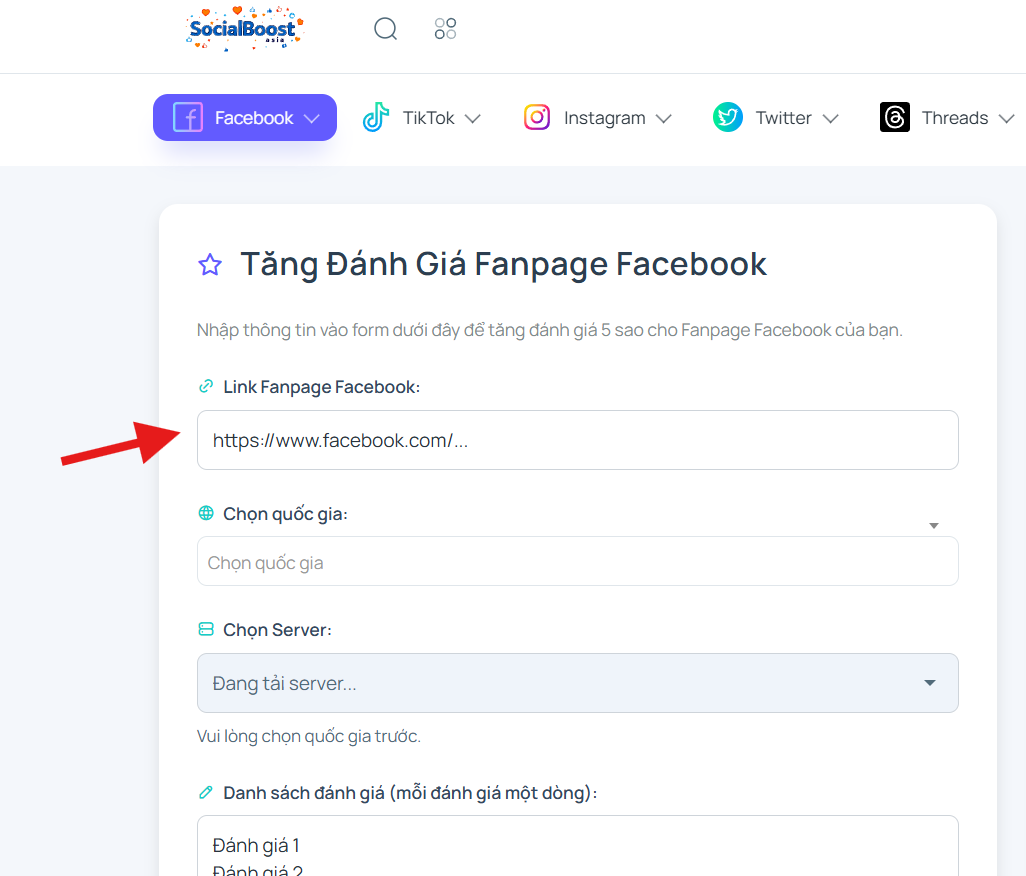 Bước 2: Nhập link Fanpage Facebook