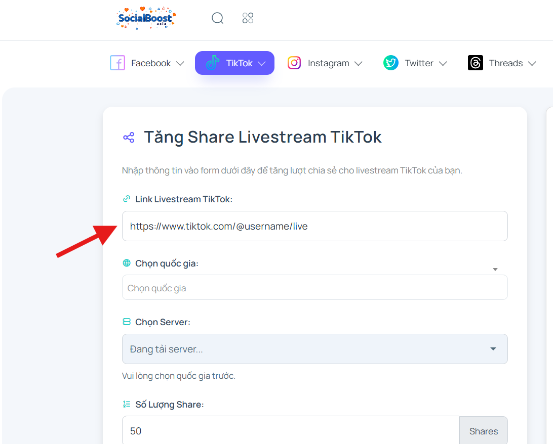 Bước 2: Nhập link livestream