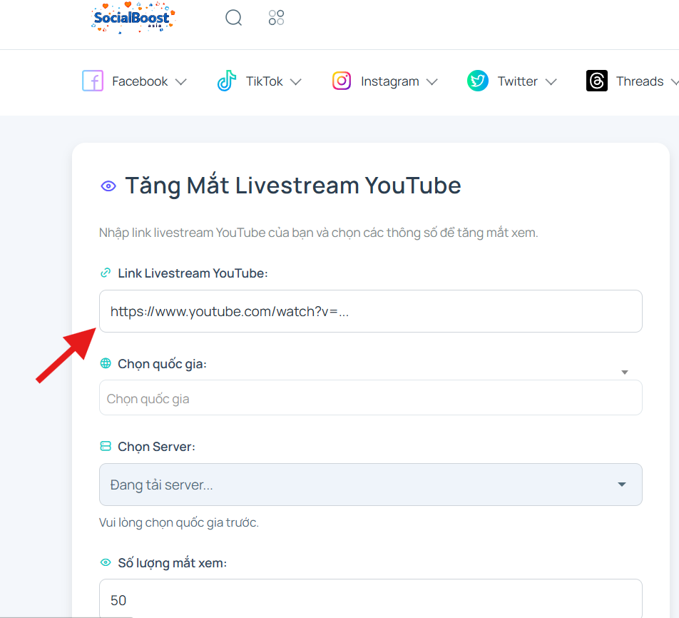 Bước 2: Nhập link livestream YouTube