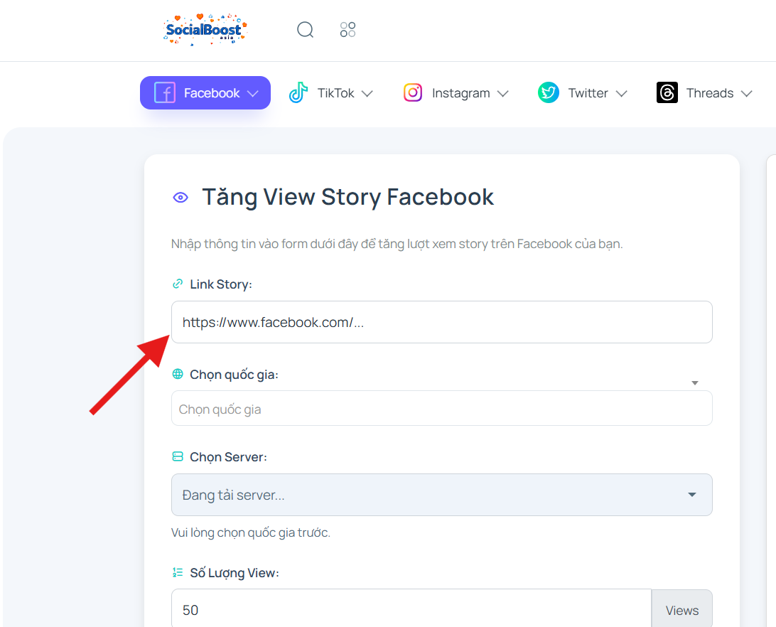 Bước 2: Nhập link story cần tăng view