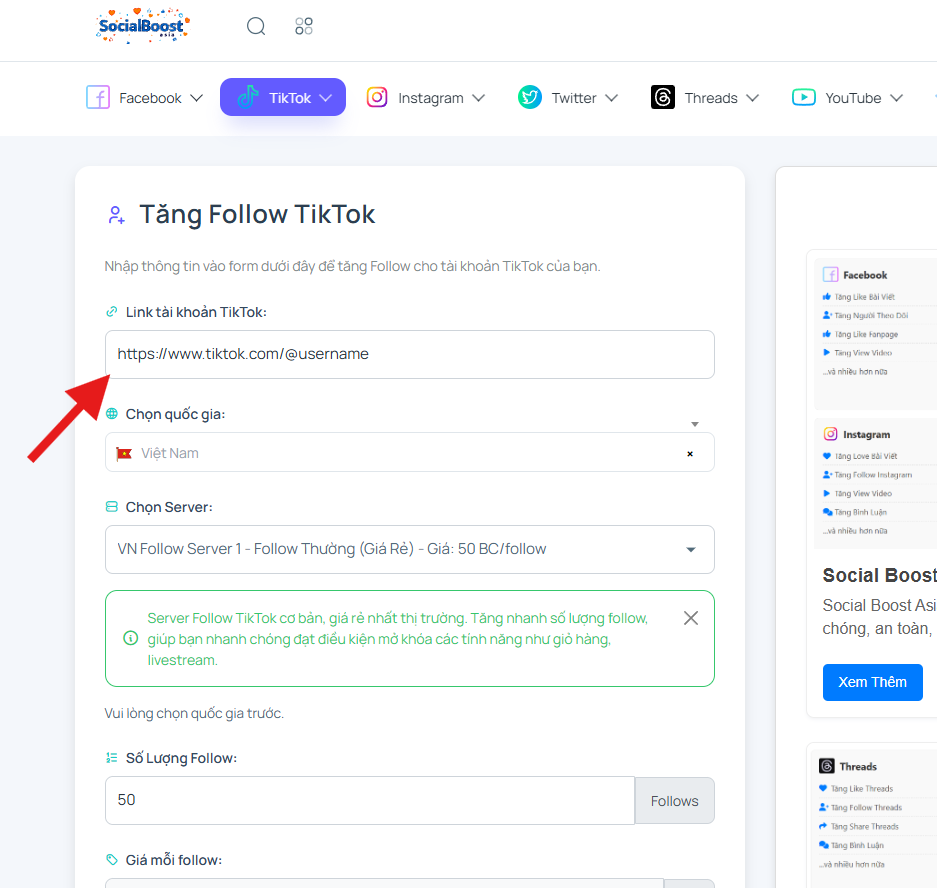 Bước 2: Nhập link tài khoản TikTok
