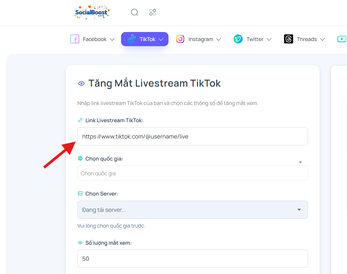 Nhập link profile TikTok