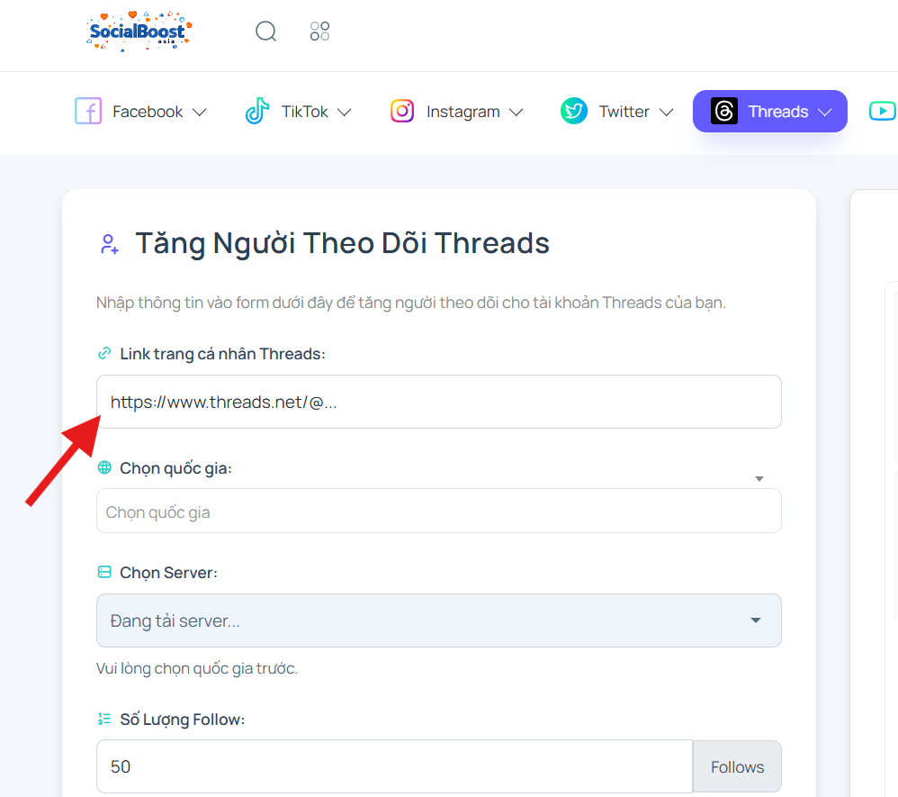 Nhập link trang cá nhân (hồ sơ) Threads của bạn