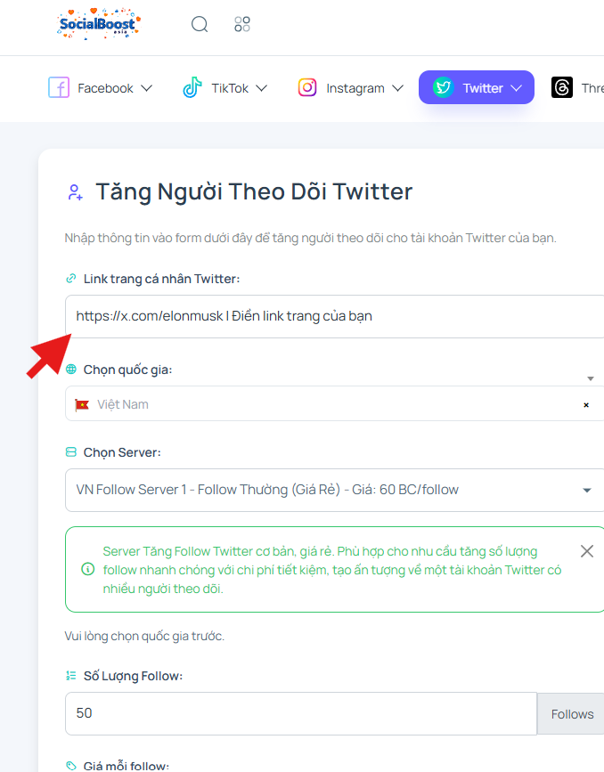 Nhập username Twitter của bạn