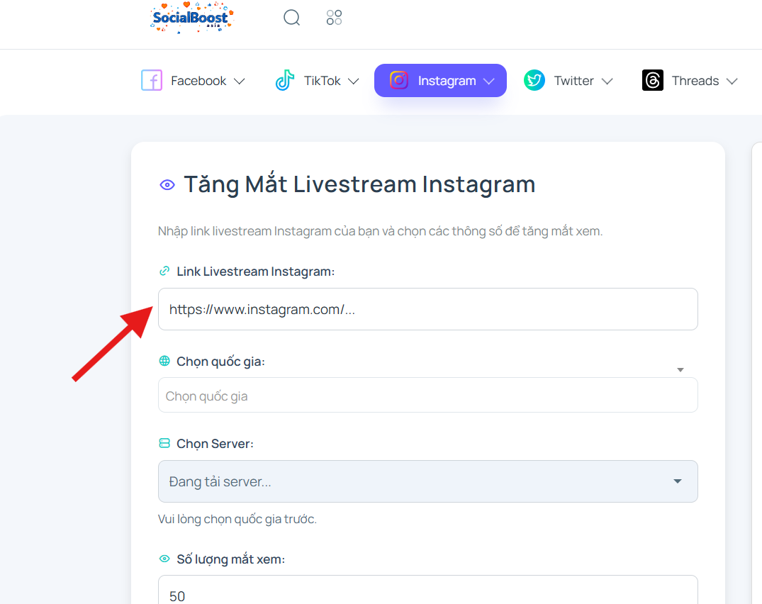 Sao chép và dán liên kết (link) livestream Instagram của bạn vào ô tương ứng