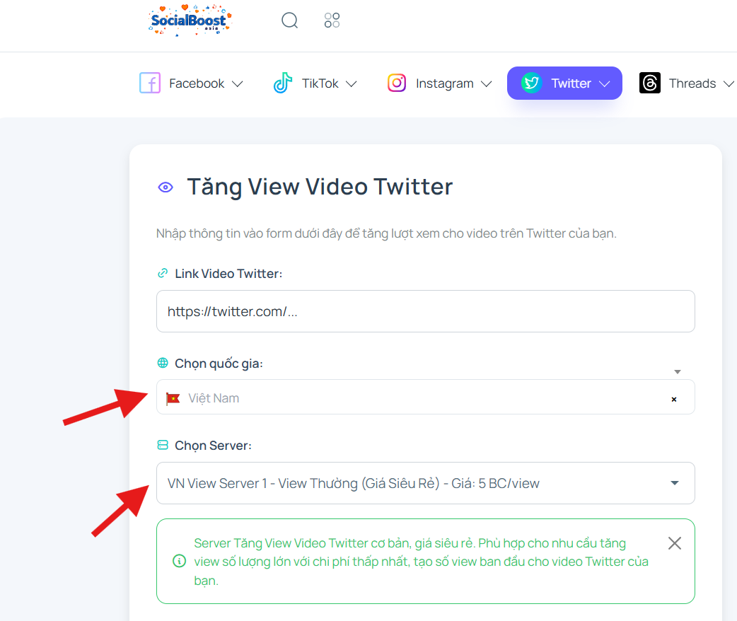 Bước 3: Chọn server và gói