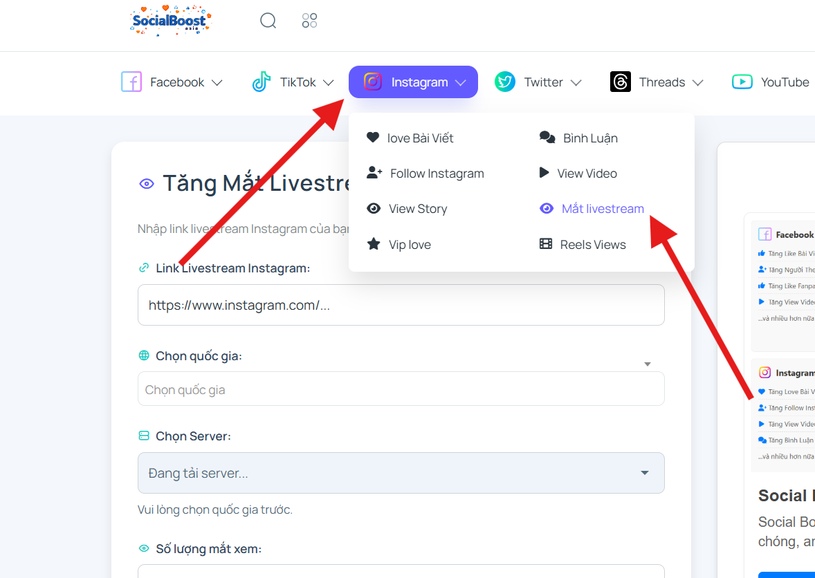 Trang dịch vụ tăng mắt xem livestream Instagram