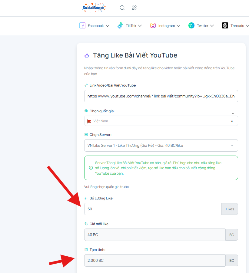 Bước 4: Chọn số lượng like và xem chi phí