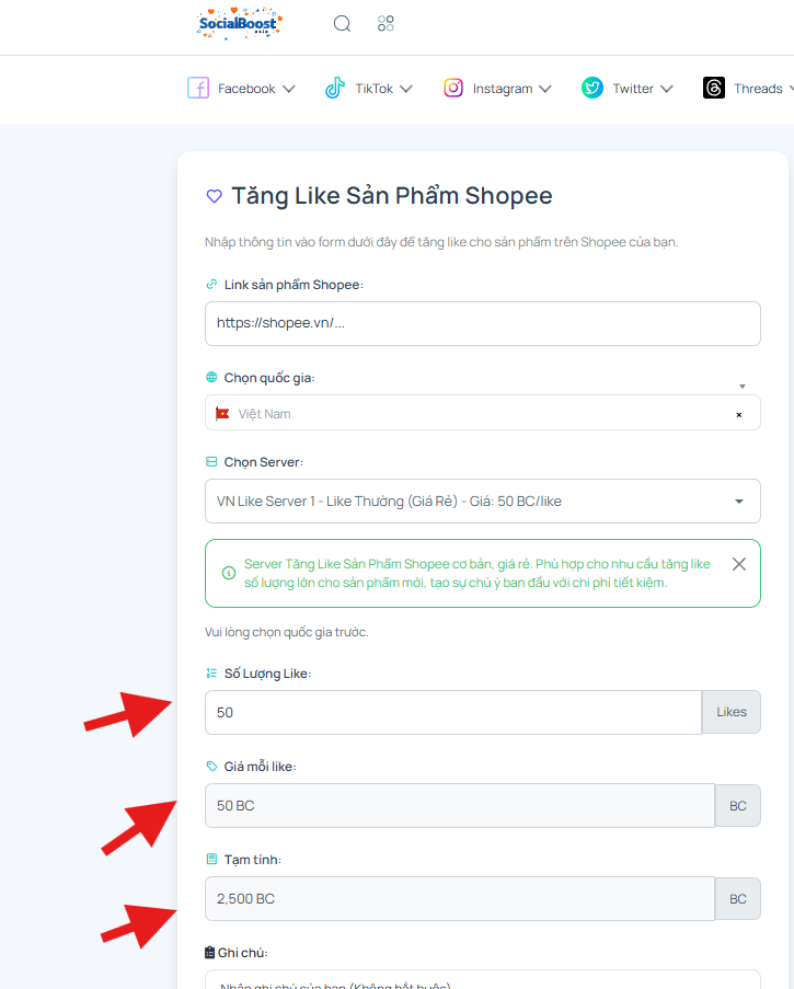 Bước 4: Chọn số lượng like và xem chi phí