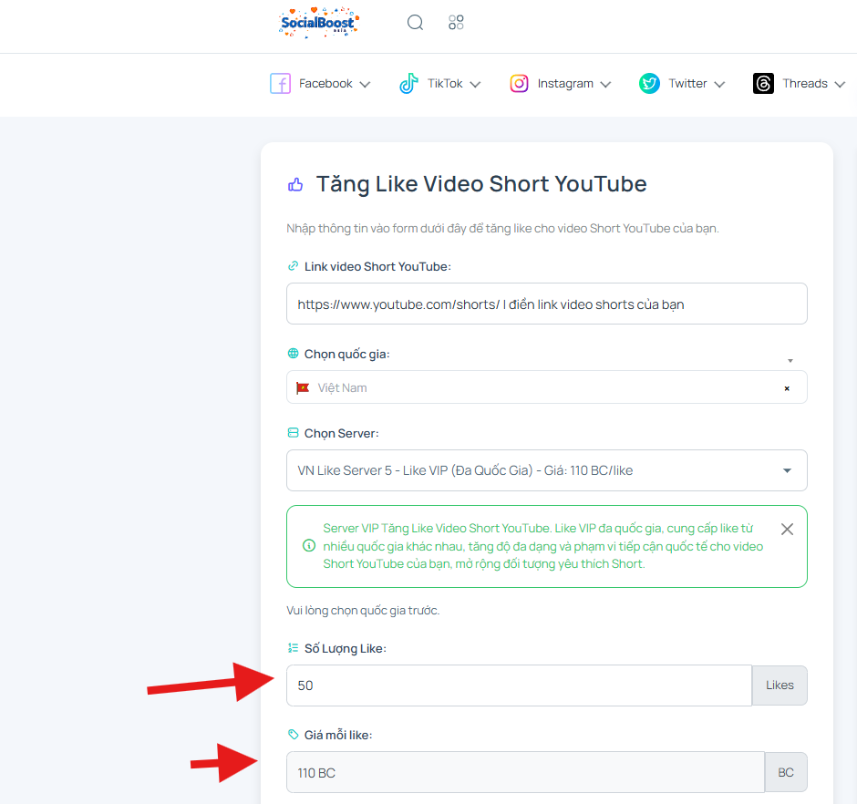 Bước 4: Chọn số lượng like Shorts và xem chi phí