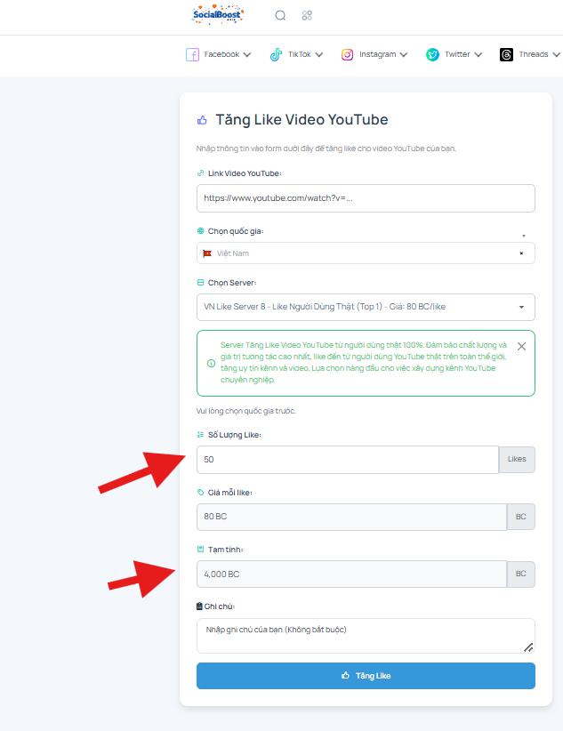 Bước 4: Chọn số lượng like và xem chi phí