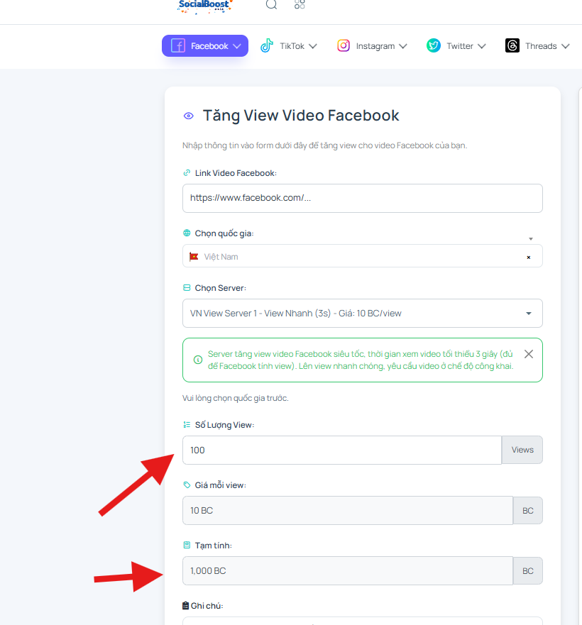 Bước 4: Chọn số lượng view và xem chi phí