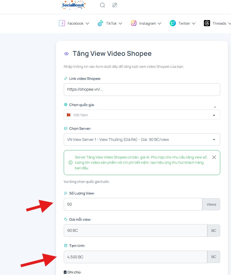 Bước 4: Chọn số lượng view và xem chi phí