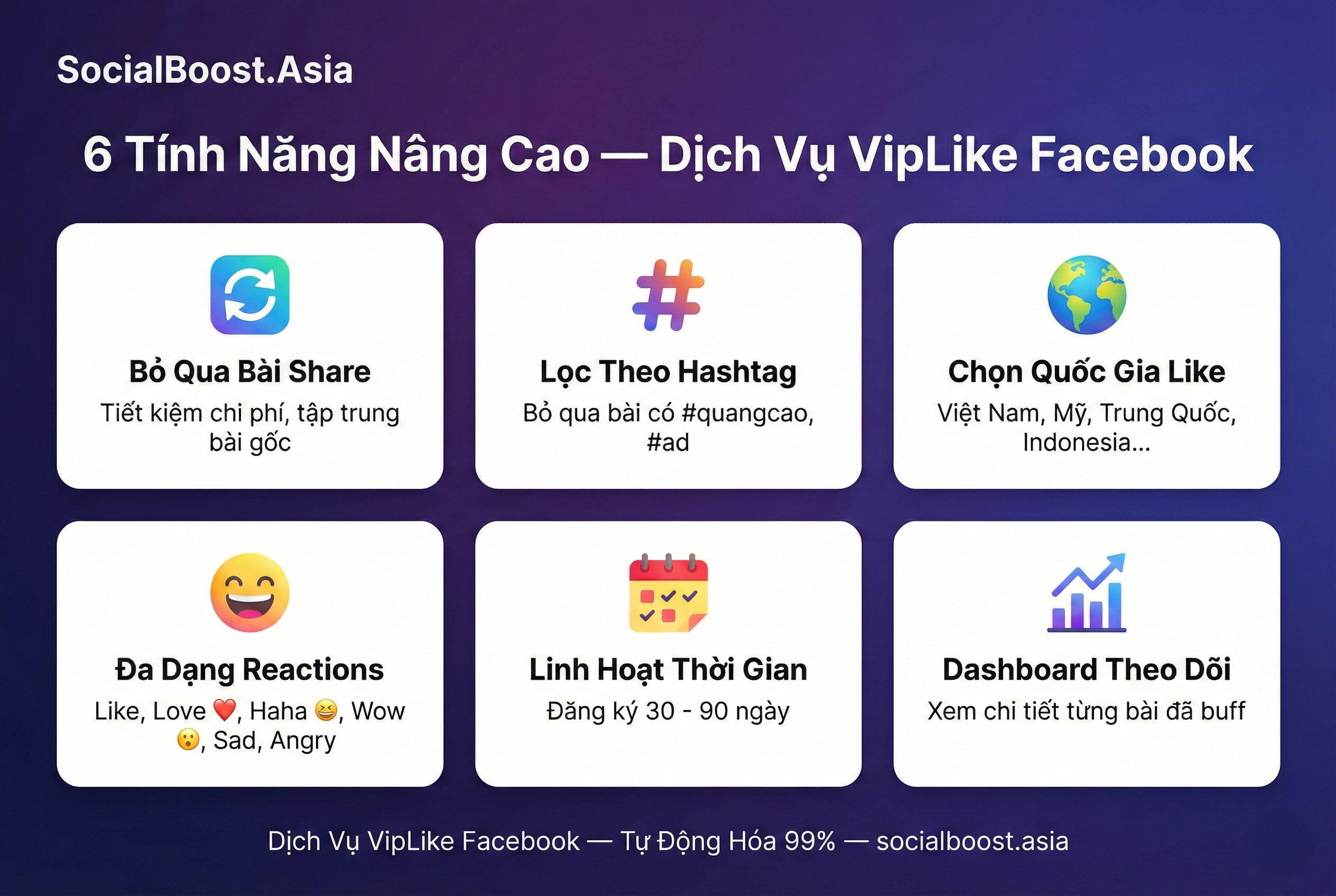 Tính năng nâng cao VipLike Facebook tại Social Boost Asia