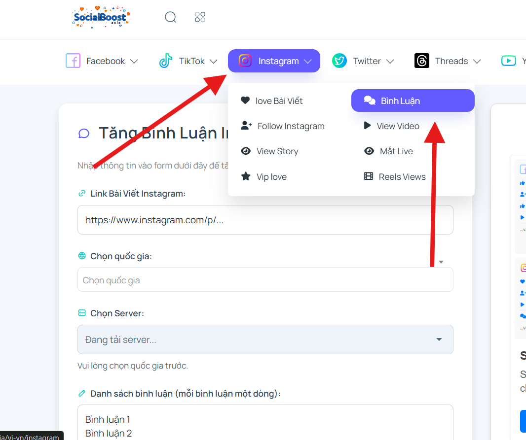Bước 1: Truy cập trang dịch vụ tăng bình luận Instagram