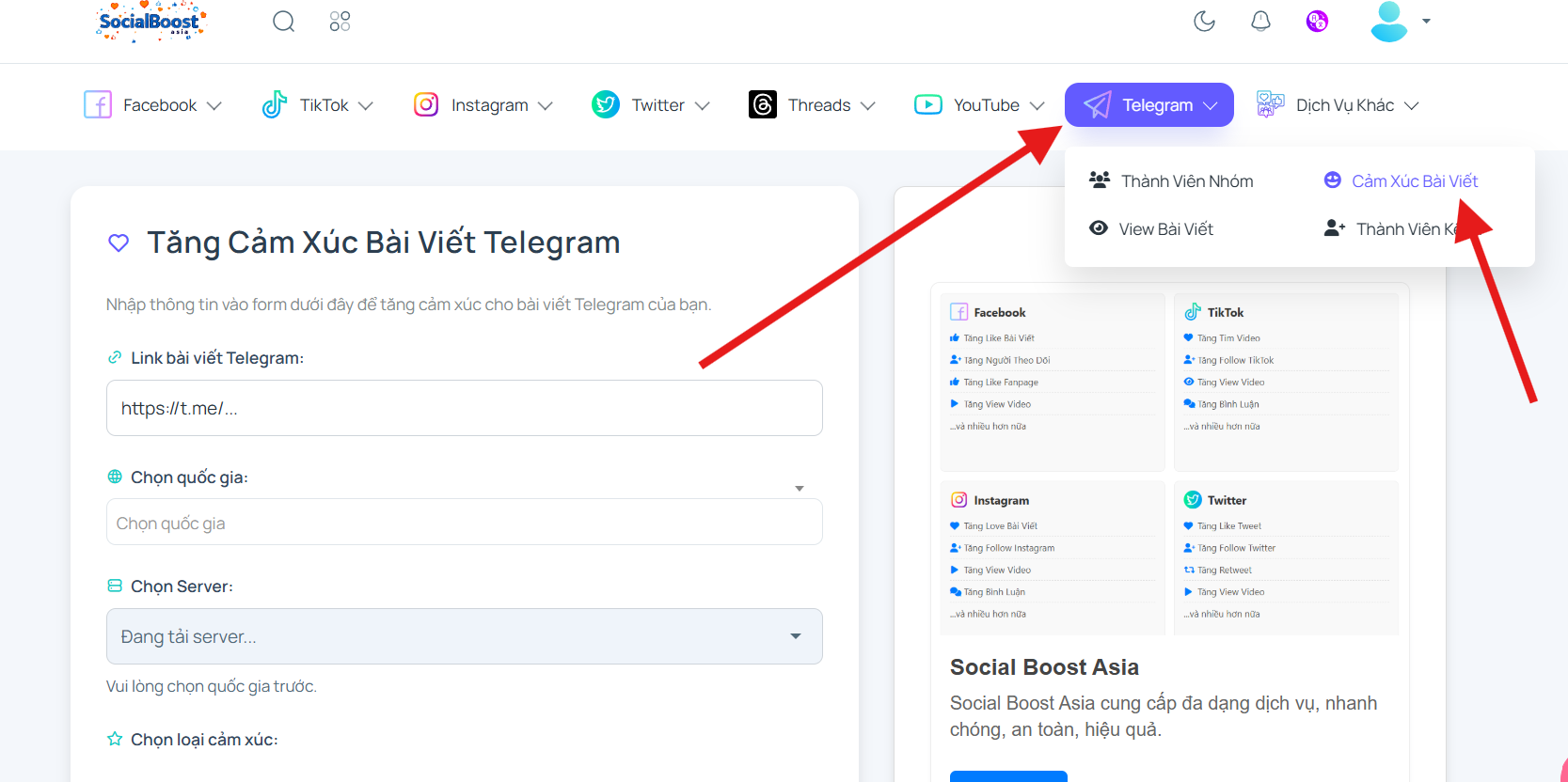 Bước 1: Truy cập trang dịch vụ tăng cảm xúc Telegram