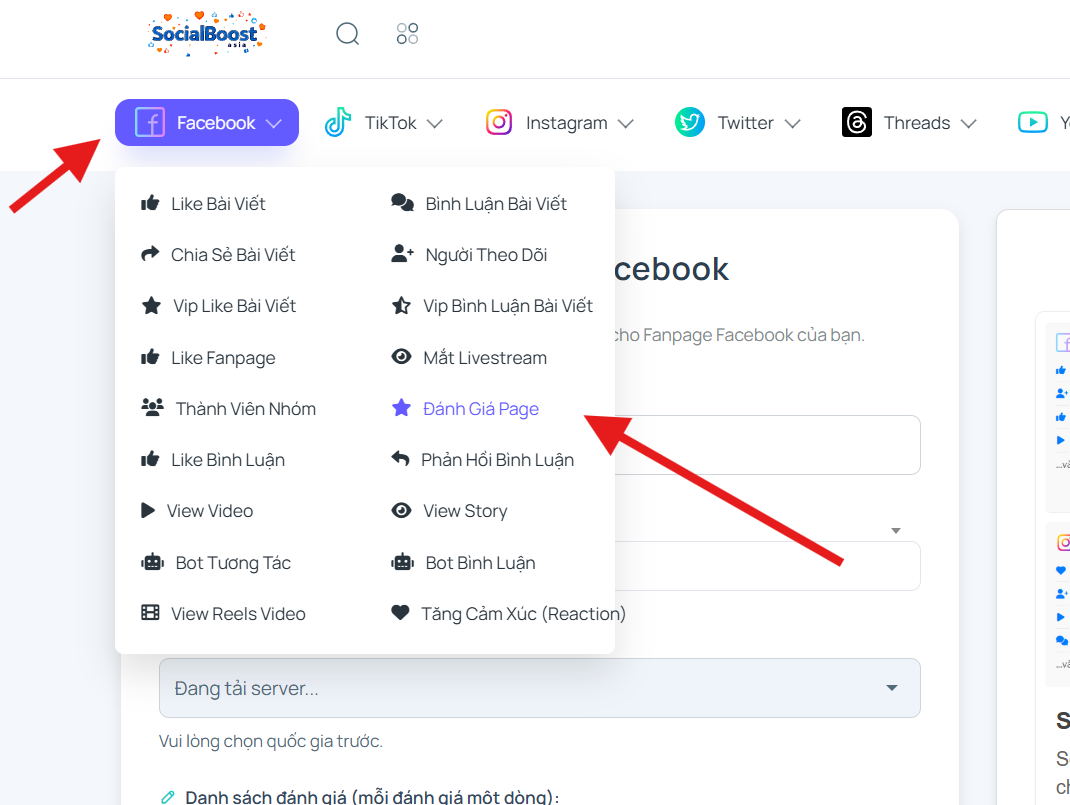 Bước 1: Truy cập trang dịch vụ tăng đánh giá Fanpage Facebook
